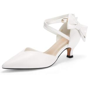 imageCoutgo Womens Low Kitten Heel Bow Heels Dress Shoes Closed Pointed Toe Ankle Strap Elegant Wedding Party PumpsWhite