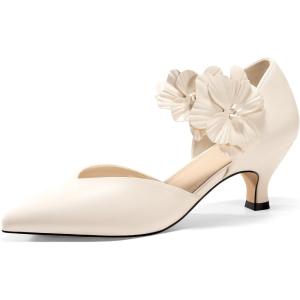 imageCoutgo Womens Low Kitten Heels Dressy Shoes Comfortable Closed Toe Flower Slip on Formal Party Dance Heeled PumpsCreamywhite