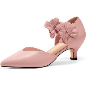 imageCoutgo Womens Low Kitten Heels Dressy Shoes Comfortable Closed Toe Flower Slip on Formal Party Dance Heeled PumpsPink