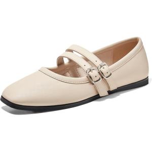 imageCoutgo Womens Mary Jane Flats Shoes Dressy Comfortable Square Toe Double Strap Soft Work Slip on Ballet FlatBeige