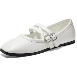 imageCoutgo Womens Mary Jane Flats Shoes Dressy Comfortable Square Toe Double Strap Soft Work Slip on Ballet FlatWhite