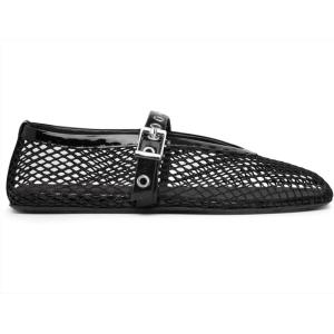 imageCoutgo Womens Mesh Mary Jane Flats Ballet Fishnet Ballerina Flats Buckle Strap Comfortable Causal Dress ShoesBlack
