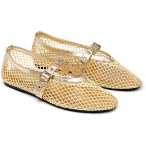 imageCoutgo Womens Mesh Mary Jane Flats Ballet Fishnet Ballerina Flats Buckle Strap Comfortable Causal Dress ShoesGold