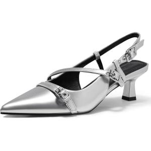 imageCoutgo Womens Slingback Kitten Heels Low Heel Closed Pointed Toe Pumps Buckle Strap Heeled Sandals ShoesSilver