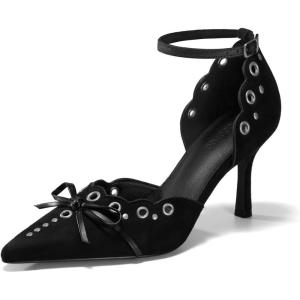 imageCoutgo Womens High Heels Bow Tie Closed Pointed Toe Stiletto Ankle Strap Studded Suede Dress ShoesBlack