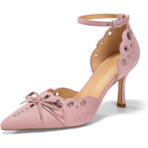 imageCoutgo Womens High Heels Bow Tie Closed Pointed Toe Stiletto Ankle Strap Studded Suede Dress ShoesPink