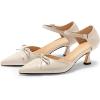 imageCoutgo Womens Bow Kitten Heels Low Heel Dress Shoes Closed Pointed Toe Ankle Strap DOrsay PumpsBeige