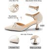 imageCoutgo Womens Bow Kitten Heels Low Heel Dress Shoes Closed Pointed Toe Ankle Strap DOrsay PumpsBeige