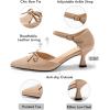 imageCoutgo Womens Bow Kitten Heels Low Heel Dress Shoes Closed Pointed Toe Ankle Strap DOrsay PumpsKhaki