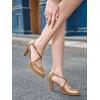 imageCoutgo Womens Chunky High Heels Dress Shoes Closed Pointed Toe Cross Strap Buckle Pumps Vintage DOrsay Party ShoesLight Brown