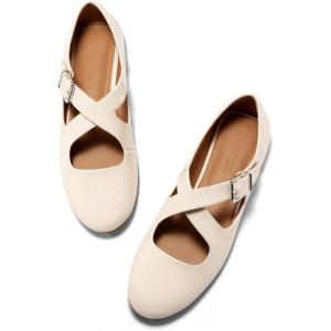 imageCoutgo Womens Ballet Flats Comfortable Closed Round Toe Criss Cross Ankle Strap Dress Dance Flat ShoesBeige