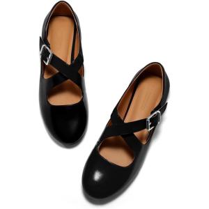 imageCoutgo Womens Ballet Flats Comfortable Closed Round Toe Criss Cross Ankle Strap Dress Dance Flat ShoesBlack