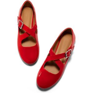 imageCoutgo Womens Ballet Flats Comfortable Closed Round Toe Criss Cross Ankle Strap Dress Dance Flat ShoesRed
