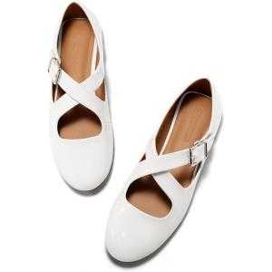 imageCoutgo Womens Ballet Flats Comfortable Closed Round Toe Criss Cross Ankle Strap Dress Dance Flat ShoesWhite