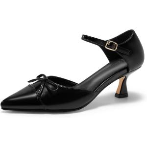 imageCoutgo Womens Bow Kitten Heels Low Heel Dress Shoes Closed Pointed Toe Ankle Strap DOrsay PumpsBlack
