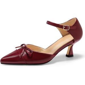 imageCoutgo Womens Bow Kitten Heels Low Heel Dress Shoes Closed Pointed Toe Ankle Strap DOrsay PumpsBurgundy