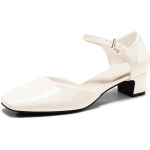imageCoutgo Womens Chunky Low Heels Dress Shoes Ankle Buckle Strap Square Toe DOrsay Pumps Work Party ShoesCreamywhite