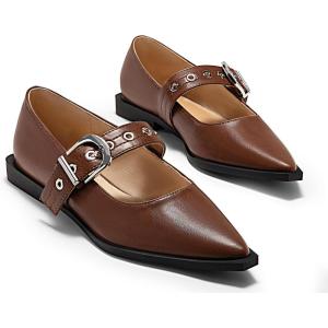imageCoutgo Womens Flats Mary Jane Studded Ballet Flats Closed Pointed Toe Adjustable Buckle Dress ShoesBrown