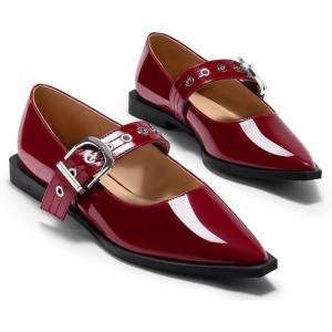 imageCoutgo Womens Flats Mary Jane Studded Ballet Flats Closed Pointed Toe Adjustable Buckle Dress ShoesWine Red