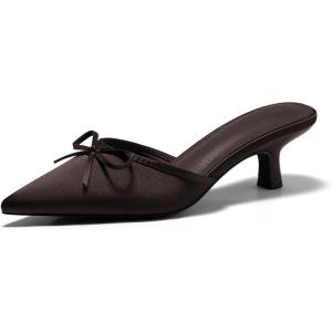 imageCoutgo Womens Kitten Heels Mules with Bow Satin Slip on Pumps Closed Pointed Toe Dress Wedding Party ShoesChocolate