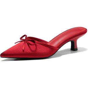 imageCoutgo Womens Kitten Heels Mules with Bow Satin Slip on Pumps Closed Pointed Toe Dress Wedding Party ShoesRed