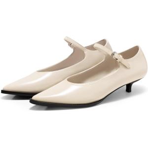 imageCoutgo Womens Kitten Low Heels Dress Shoes Mary Jane Ankle Buckle Strap Pumps Party Wedding Elegant ShoesBeige