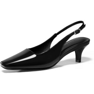 imageCoutgo Womens Kitten Low Heels Slingback Pumps Squared Point Toe Buckle Strap Wedding Party Dress ShoesBlack