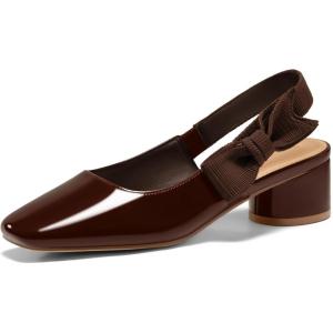 imageCoutgo Womens Low Block Heels Slingback Bow Closed Square Toe Slip On Work Pumps Dress ShoesCoffee