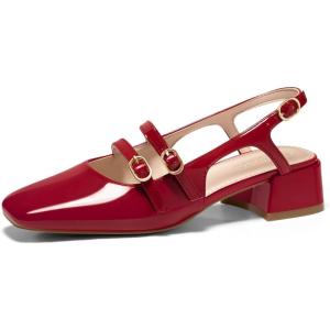imageCoutgo Womens Mary Jane Chunky Low Heels Slingback Pumps Closed Square Toe Wedding Dress ShoesRed