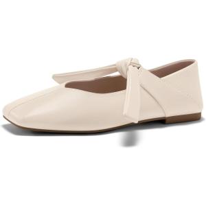 imageCoutgo Womens Mary Jane Flats Bow Square Toe Ballet Flats Dressy Comfortable Slip on Flat ShoesBeige