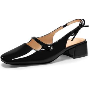 imageCoutgo Womens Mary Jane Shoes Slingback Chunky Low Heels Bow Closed Square Toe Pumps Wedding Party Dress ShoesBlack