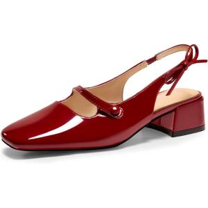 imageCoutgo Womens Mary Jane Shoes Slingback Chunky Low Heels Bow Closed Square Toe Pumps Wedding Party Dress ShoesRed