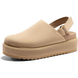 imageCoutgo Womens Platform Clogs Adjustable Strap Slip on Mules Shoes Comfortable Fall SandalsKhaki