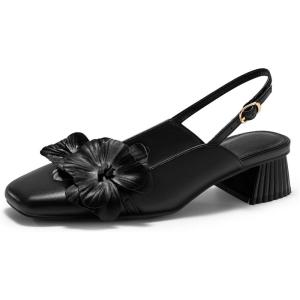 imageCoutgo Womens Slingback Chunky Heels Flower Closed Square Toe Pumps Work Dress ShoesBlack