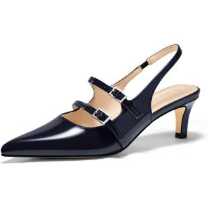 imageCoutgo Womens Slingback Kitten Heels Mary Jane Pumps Closed Pointed Toe Buckle Strap Wedding Dress ShoesNavy