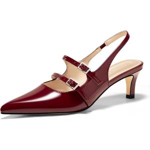 imageCoutgo Womens Slingback Kitten Heels Mary Jane Pumps Closed Pointed Toe Buckle Strap Wedding Dress ShoesRed