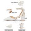 imageCoutgo Womens Chunky Heels Low Heel Ankle Strap DOrsay Pumps Closed Pointed Toe Wedding Bridal ShoesWhite
