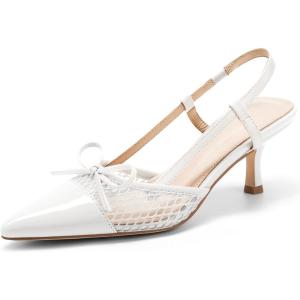 imageCoutgo Womens Bow Tie Slingback Pumps Pointed Toe Kitten Low Heel Patchwork Dress Heeled SandalsCool White