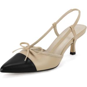 imageCoutgo Womens Bow Tie Slingback Pumps Pointed Toe Kitten Low Heel Patchwork Dress Heeled SandalsDark Khaki