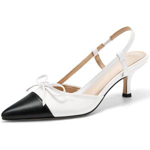 imageCoutgo Womens Bow Tie Slingback Pumps Pointed Toe Kitten Low Heel Patchwork Dress Heeled SandalsWhite