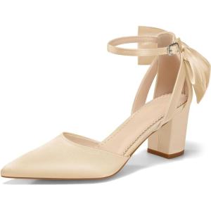 imageCoutgo Womens Chunky Heels Low Heel Ankle Strap DOrsay Pumps Closed Pointed Toe Wedding Bridal ShoesChampagne