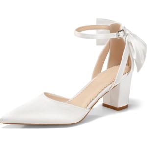 imageCoutgo Womens Chunky Heels Low Heel Ankle Strap DOrsay Pumps Closed Pointed Toe Wedding Bridal ShoesIvory White