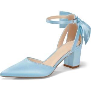 imageCoutgo Womens Chunky Heels Low Heel Ankle Strap DOrsay Pumps Closed Pointed Toe Wedding Bridal ShoesLight Blue