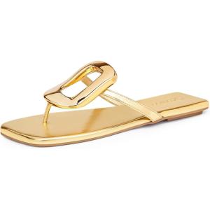 imageCoutgo Womens Flat Sandals Comfortable Flip Flops Slide Sandals Summer Beach Shoes with Metal DecorationGold
