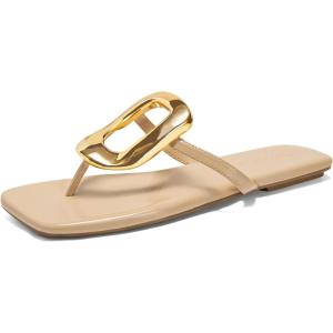 imageCoutgo Womens Flat Sandals Comfortable Flip Flops Slide Sandals Summer Beach Shoes with Metal DecorationLight Khaki