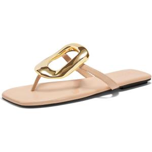 imageCoutgo Womens Flat Sandals Comfortable Flip Flops Slide Sandals Summer Beach Shoes with Metal DecorationNude