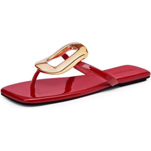 imageCoutgo Womens Flat Sandals Comfortable Flip Flops Slide Sandals Summer Beach Shoes with Metal DecorationRed
