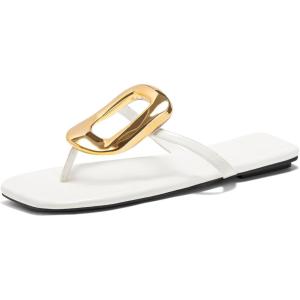 imageCoutgo Womens Flat Sandals Comfortable Flip Flops Slide Sandals Summer Beach Shoes with Metal DecorationWhite