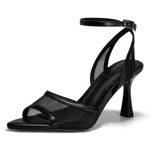 imageCoutgo Womens Mesh Kitten Heels Sandals Pointed Open Toe Ankle Buckle Strap Summer Dress ShoesBlack