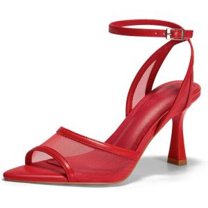 imageCoutgo Womens Mesh Kitten Heels Sandals Pointed Open Toe Ankle Buckle Strap Summer Dress ShoesRed